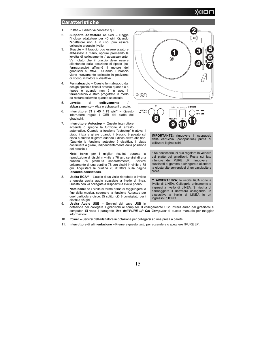 Caratteristiche | ION Audio Pure LP User Manual | Page 15 / 36