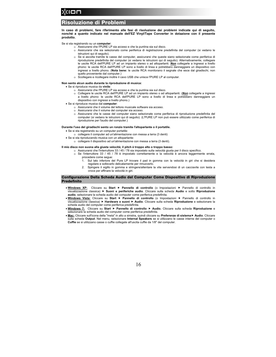 Risoluzione di problemi | ION Audio Pure LP User Manual | Page 16 / 36