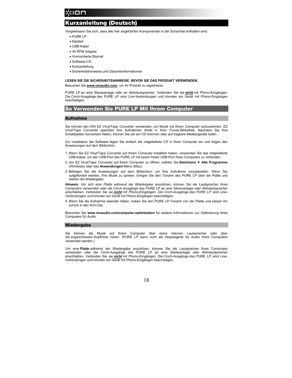 Kurzanleitung (deutsch), So verwenden sie pure lp mit ihrem computer | ION Audio Pure LP User Manual | Page 18 / 36