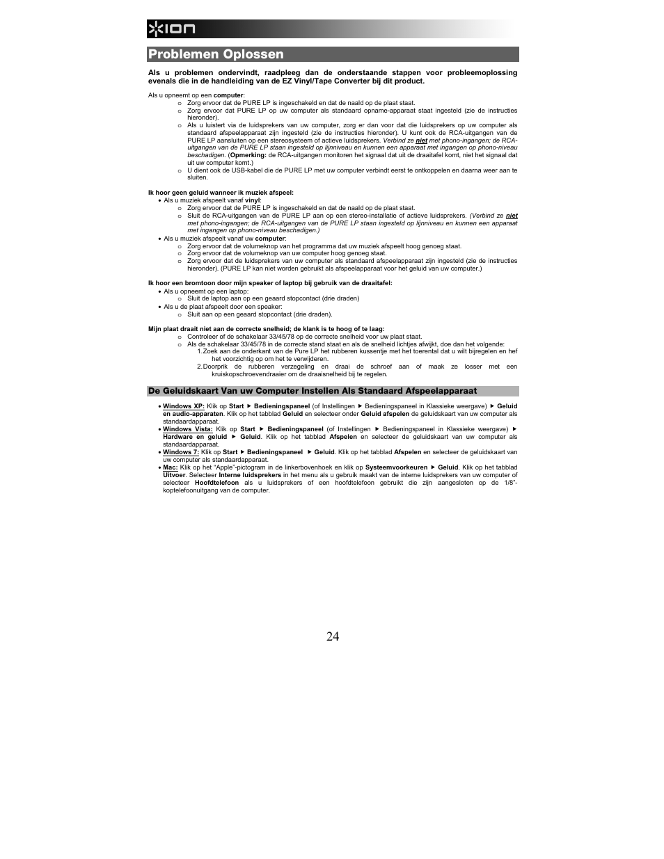 Problemen oplossen | ION Audio Pure LP User Manual | Page 24 / 36
