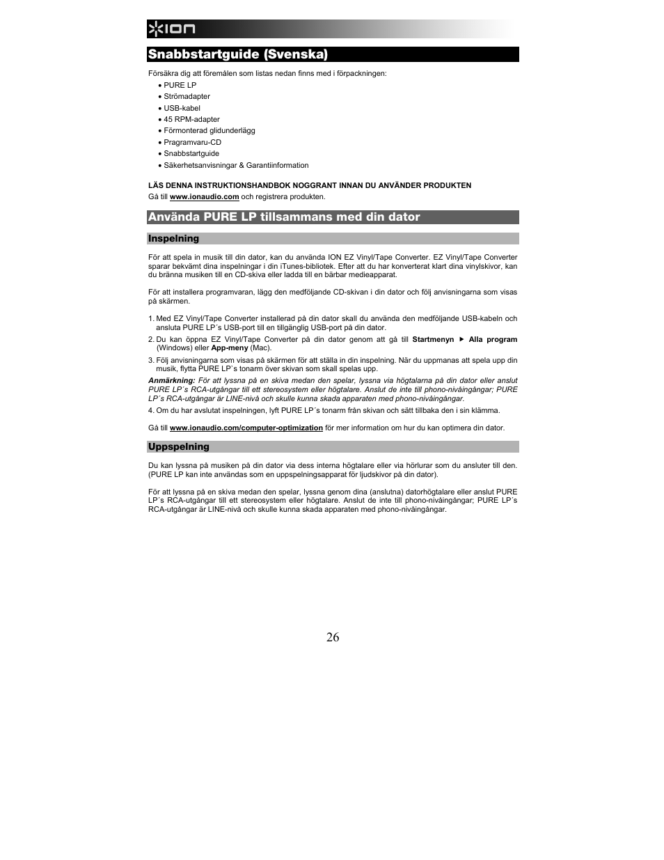 Snabbstartguide (svenska), Använda pure lp tillsammans med din dator | ION Audio Pure LP User Manual | Page 26 / 36