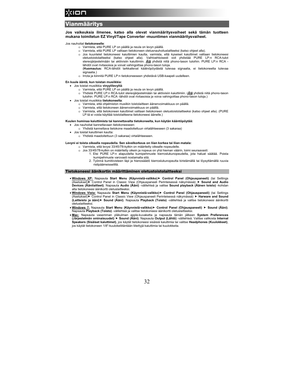 Vianmääritys | ION Audio Pure LP User Manual | Page 32 / 36