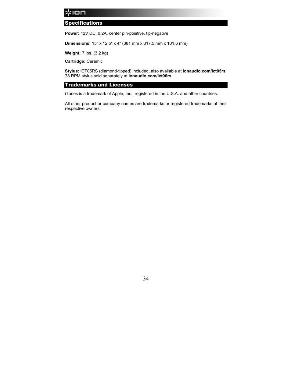 Specifications, Trademarks and licenses | ION Audio Pure LP User Manual | Page 34 / 36