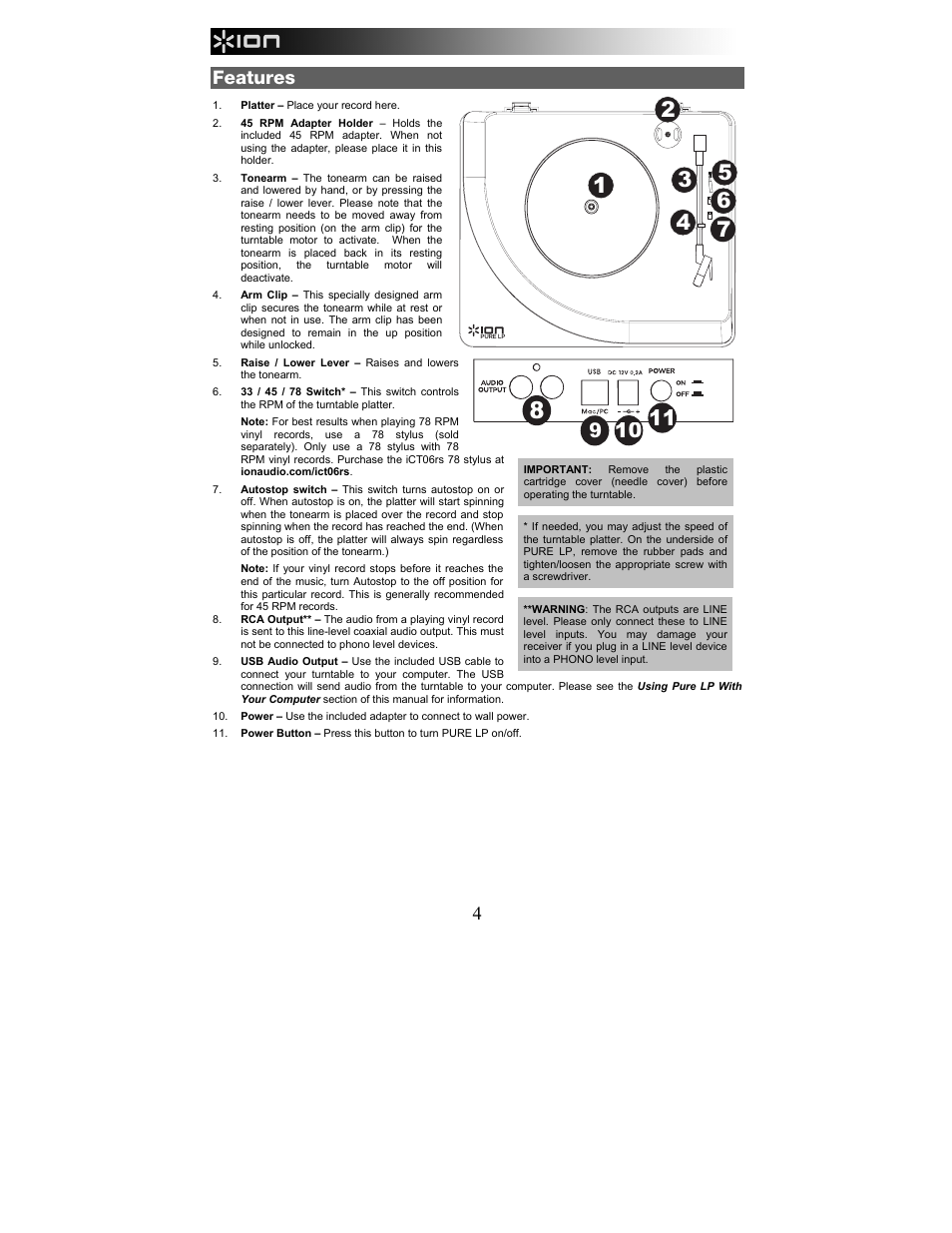 Features | ION Audio Pure LP User Manual | Page 4 / 36