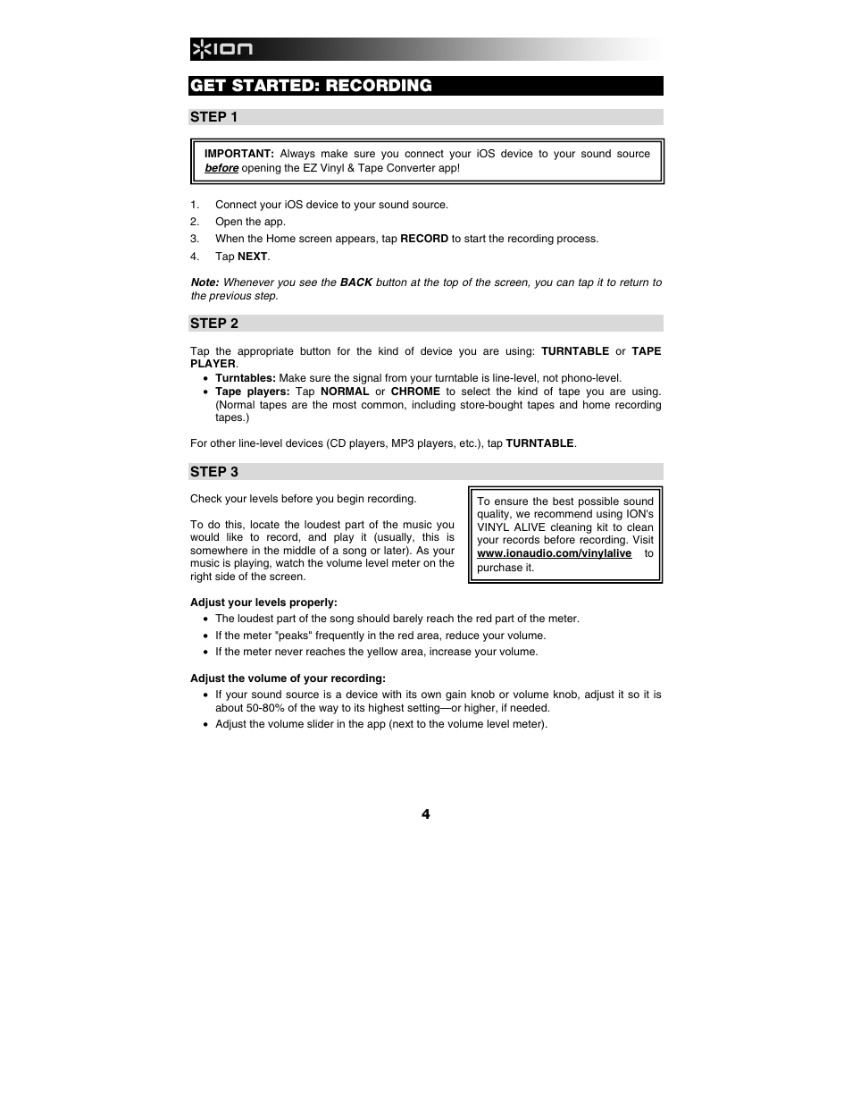 Get started: recording | ION Audio Pure LP User Manual | Page 4 / 12