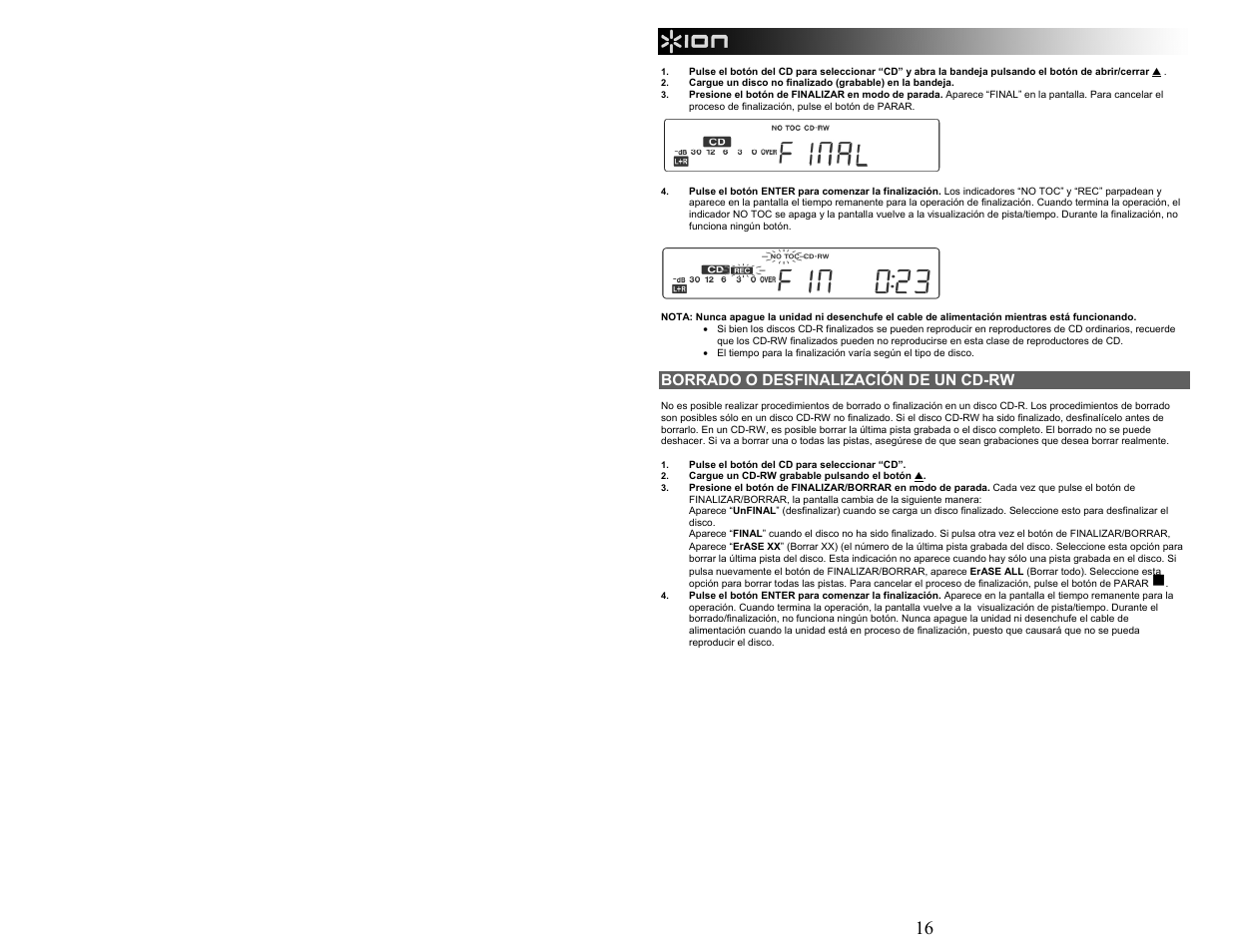 Borrado o desfinalización de un cd-rw | ION Audio CD Direct User Manual | Page 16 / 48