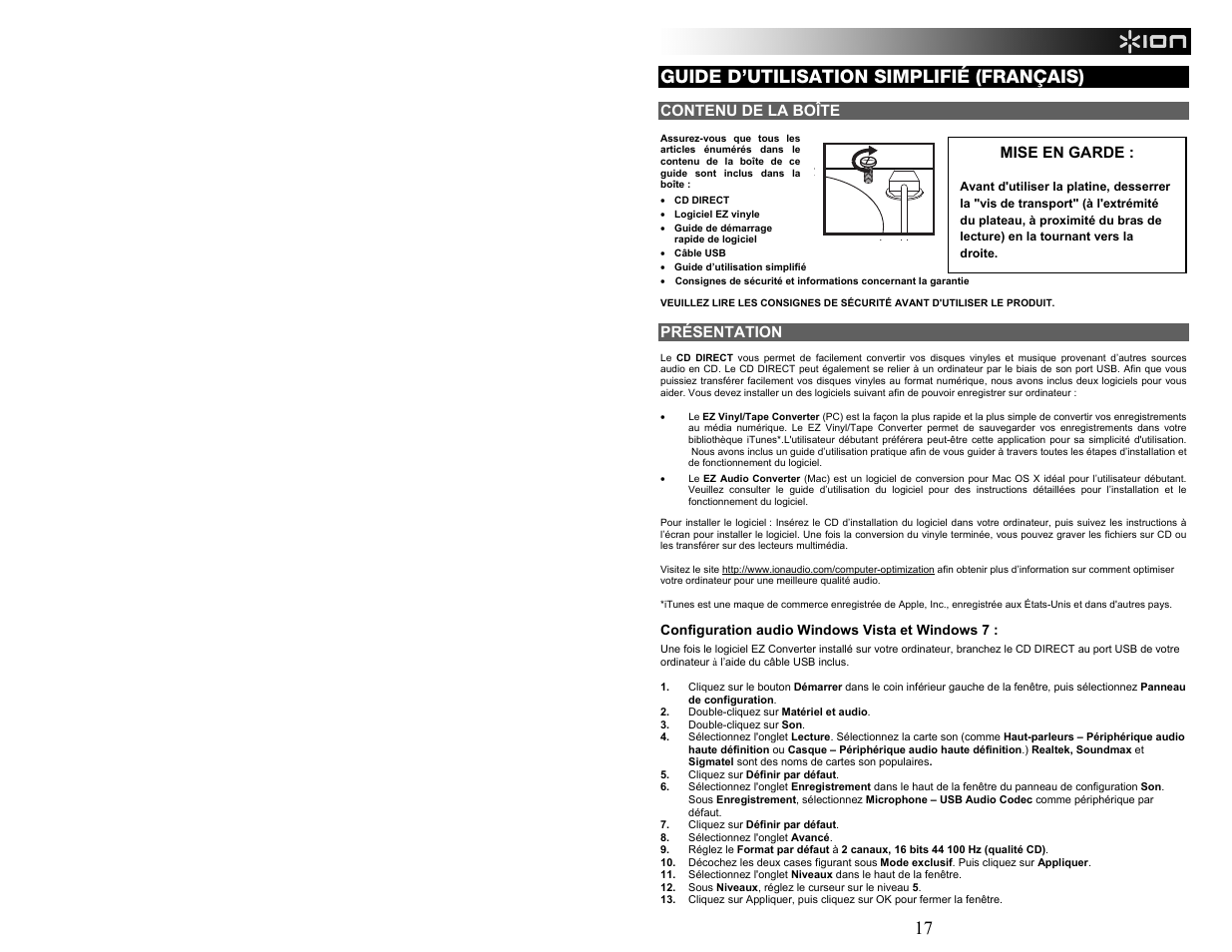 17 guide d’utilisation simplifié (français), Contenu de la boîte, Présentation | Mise en garde | ION Audio CD Direct User Manual | Page 17 / 48