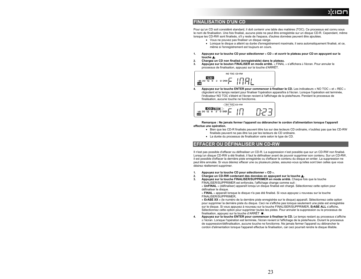 Finalisation d'un cd, Effacer ou définaliser un cd-rw | ION Audio CD Direct User Manual | Page 23 / 48