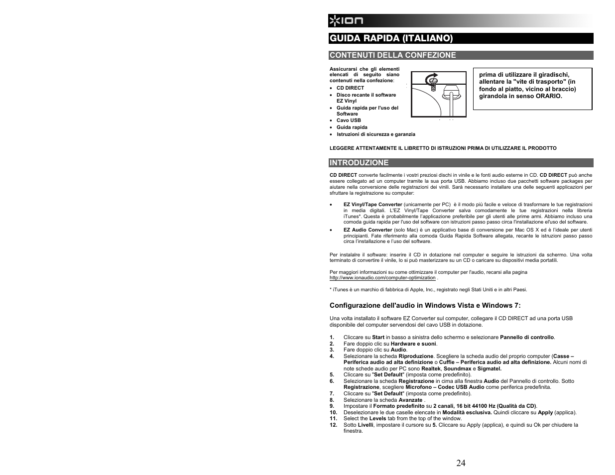 24 guida rapida (italiano), Contenuti della confezione, Introduzione | ION Audio CD Direct User Manual | Page 24 / 48