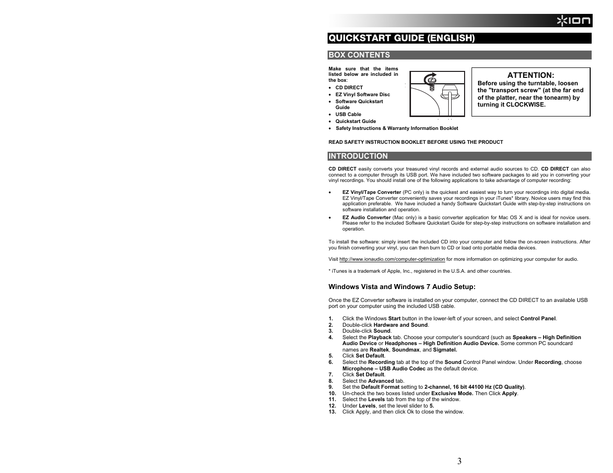 3quickstart guide (english), Box contents, Introduction | Attention | ION Audio CD Direct User Manual | Page 3 / 48