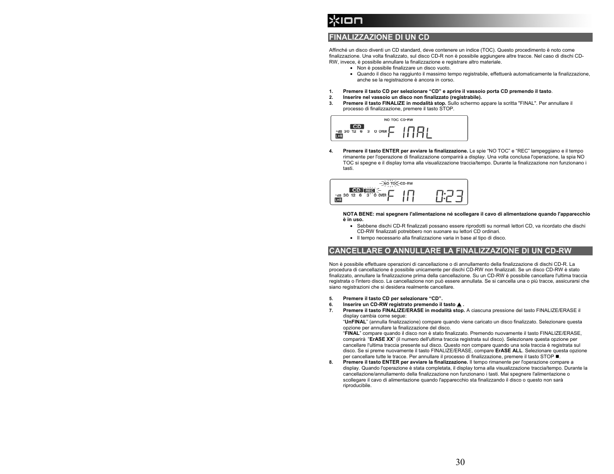 Finalizzazione di un cd | ION Audio CD Direct User Manual | Page 30 / 48