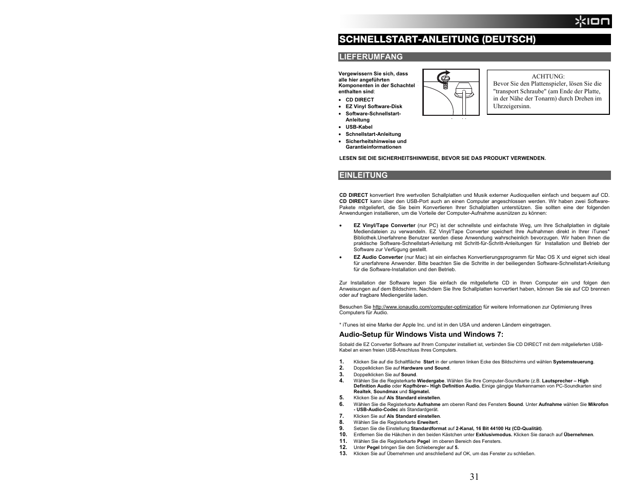 31 schnellstart-anleitung (deutsch), Lieferumfang, Einleitung | ION Audio CD Direct User Manual | Page 31 / 48