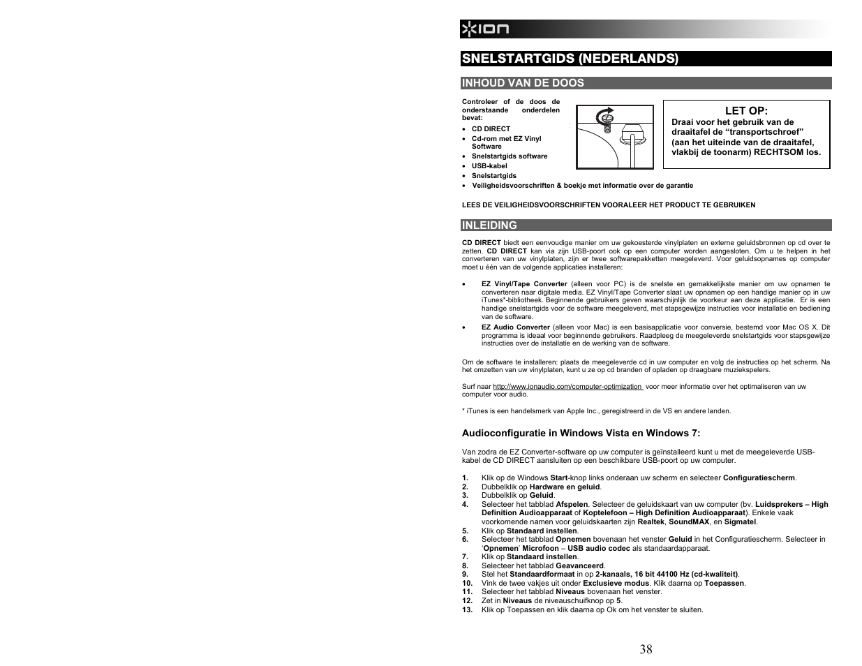 Snelstartgids (nederlands), Inhoud van de doos, Inleiding | Let op | ION Audio CD Direct User Manual | Page 38 / 48