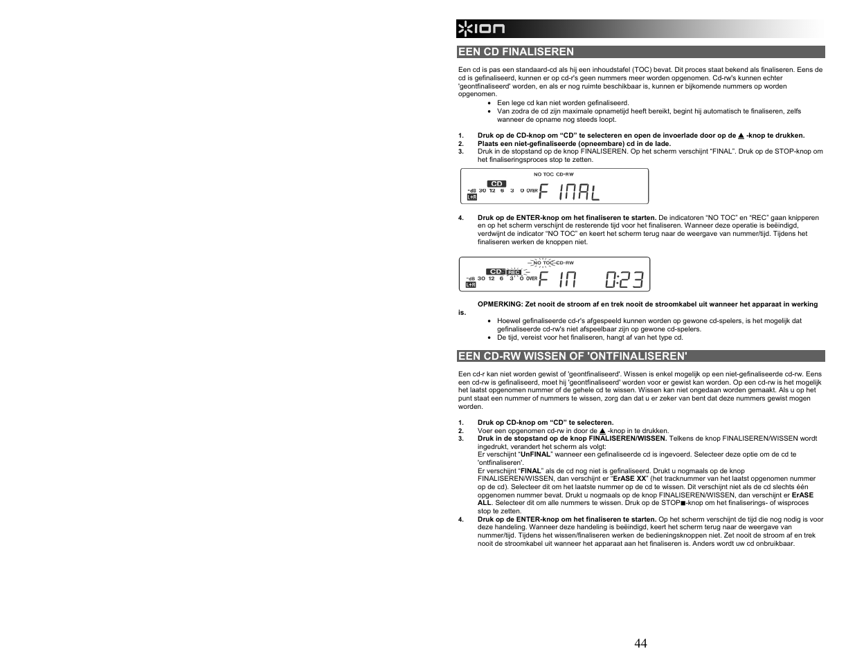 Een cd finaliseren, Een cd-rw wissen of 'ontfinaliseren | ION Audio CD Direct User Manual | Page 44 / 48