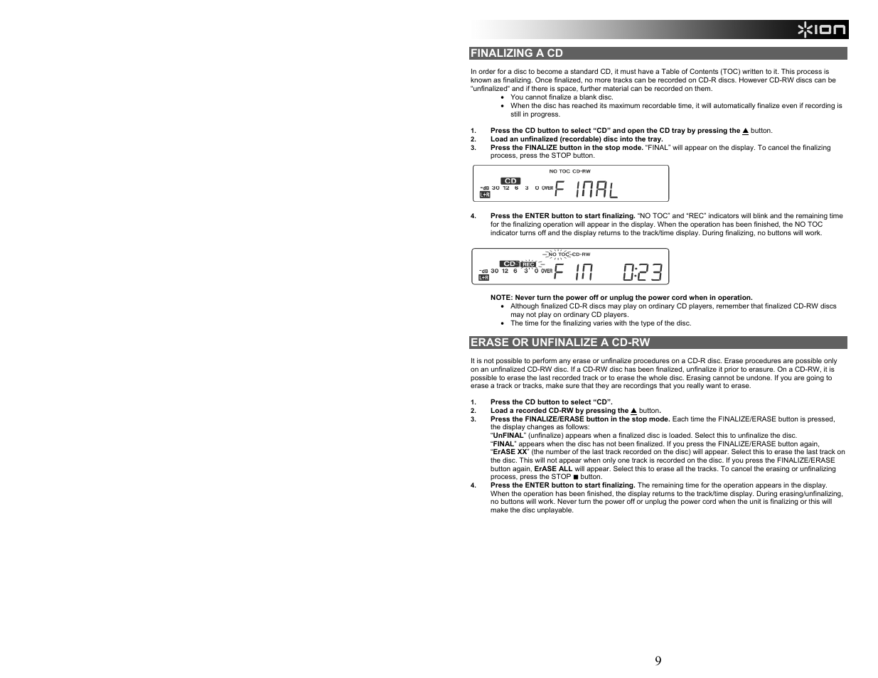 Finalizing a cd, Erase or unfinalize a cd-rw | ION Audio CD Direct User Manual | Page 9 / 48