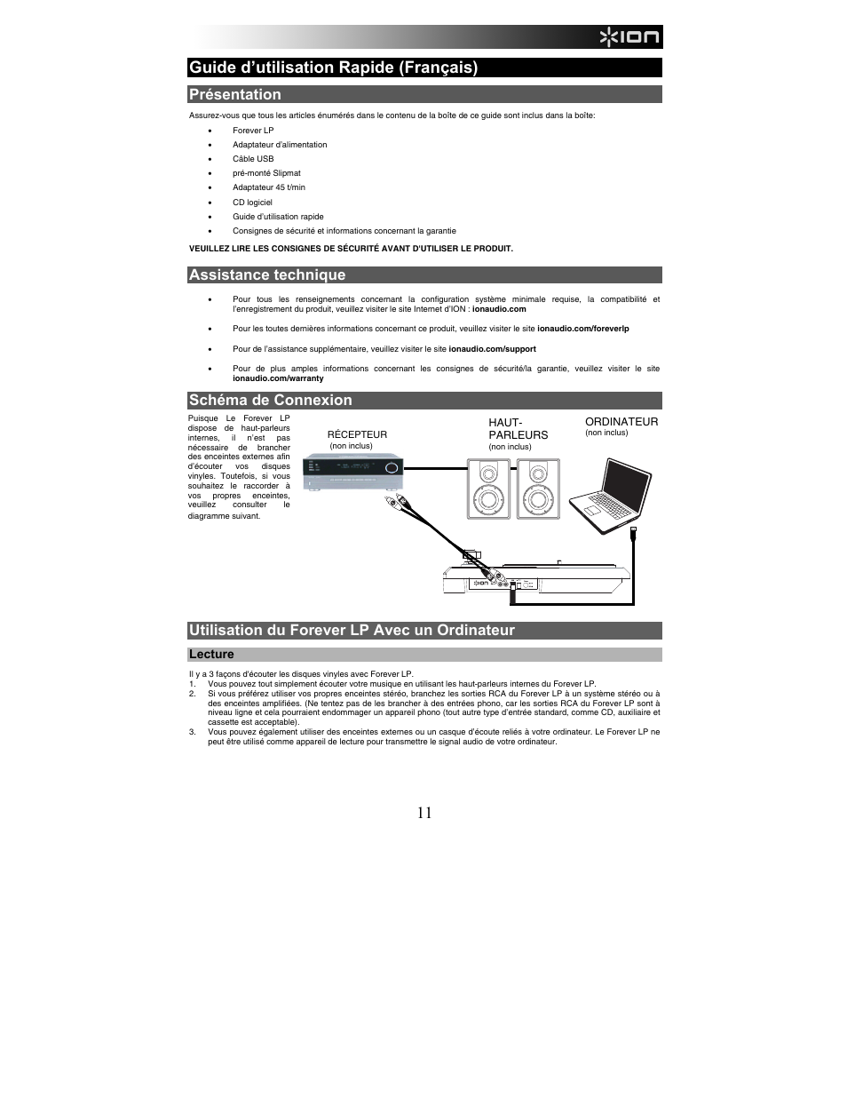 Guide d’utilisation rapide (français), Présentation, Assistance technique | Schéma de connexion, Utilisation du forever lp avec un ordinateur, Lecture | ION Audio Forever LP User Manual | Page 11 / 28