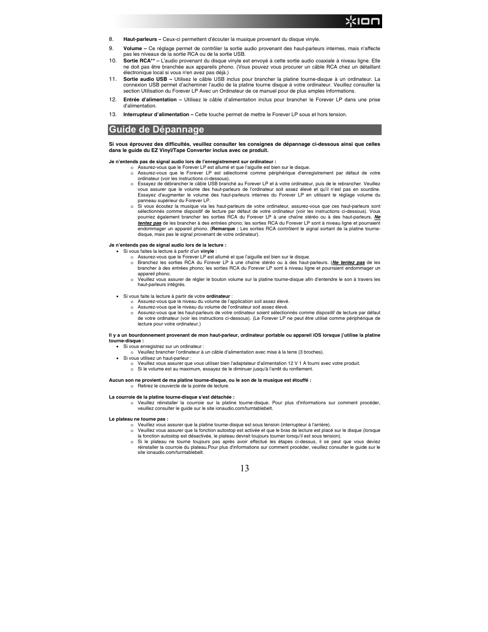 Guide de dépannage | ION Audio Forever LP User Manual | Page 13 / 28