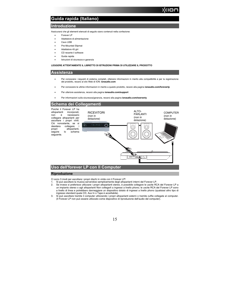 Guida rapida (italiano), Introduzione, Assistenza | Schema dei collegamenti, Uso dell'forever lp con il computer, Riproduzione | ION Audio Forever LP User Manual | Page 15 / 28
