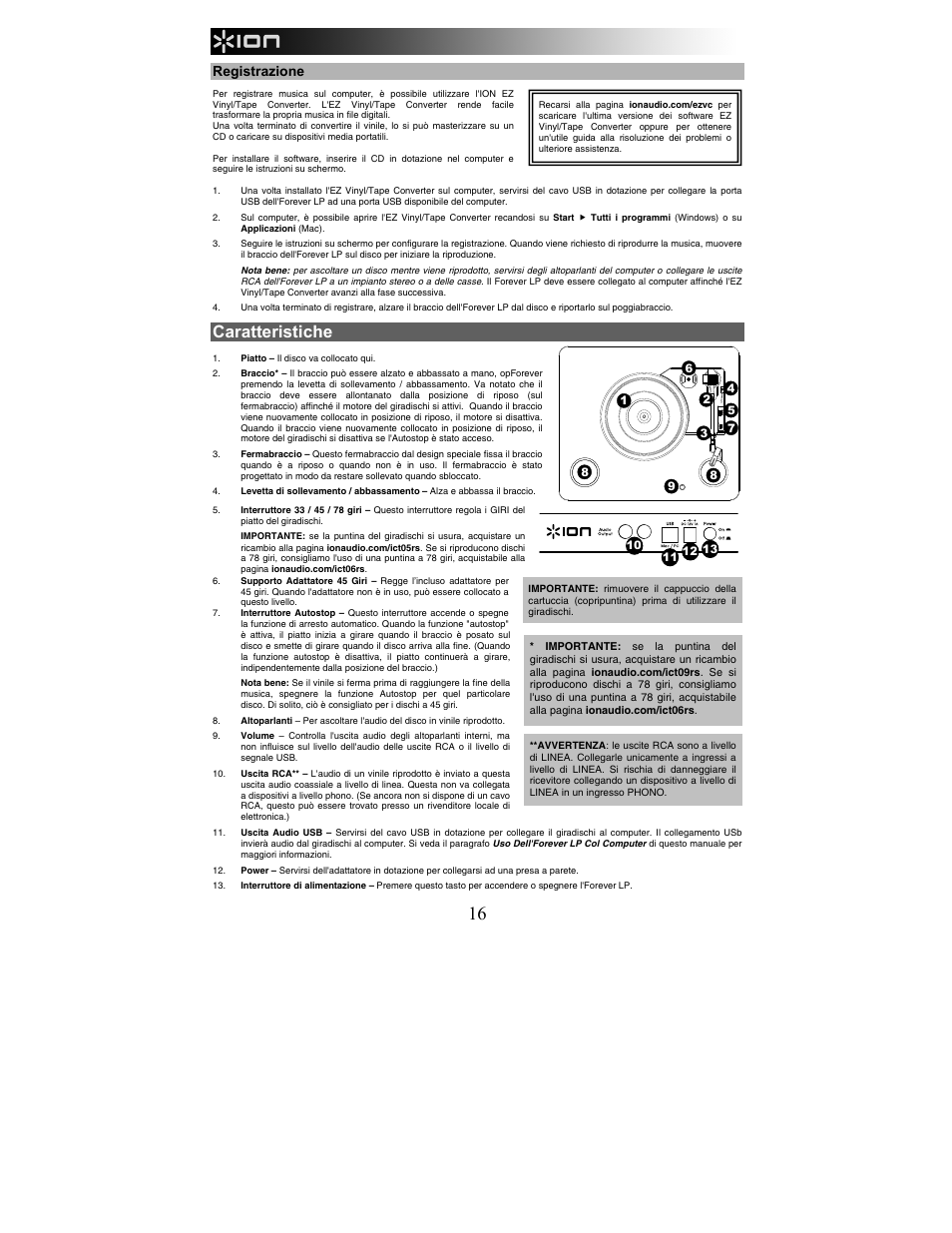 Caratteristiche, Registrazione, Aut o st op on off | ION Audio Forever LP User Manual | Page 16 / 28