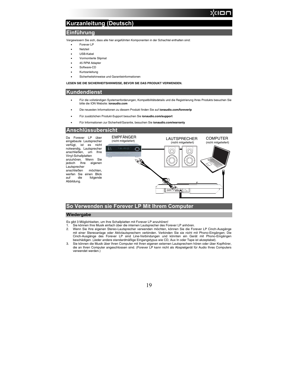 Kurzanleitung (deutsch), Einführung, Kundendienst | Anschlüssubersicht, So verwenden sie forever lp mit ihrem computer, Wiedergabe | ION Audio Forever LP User Manual | Page 19 / 28