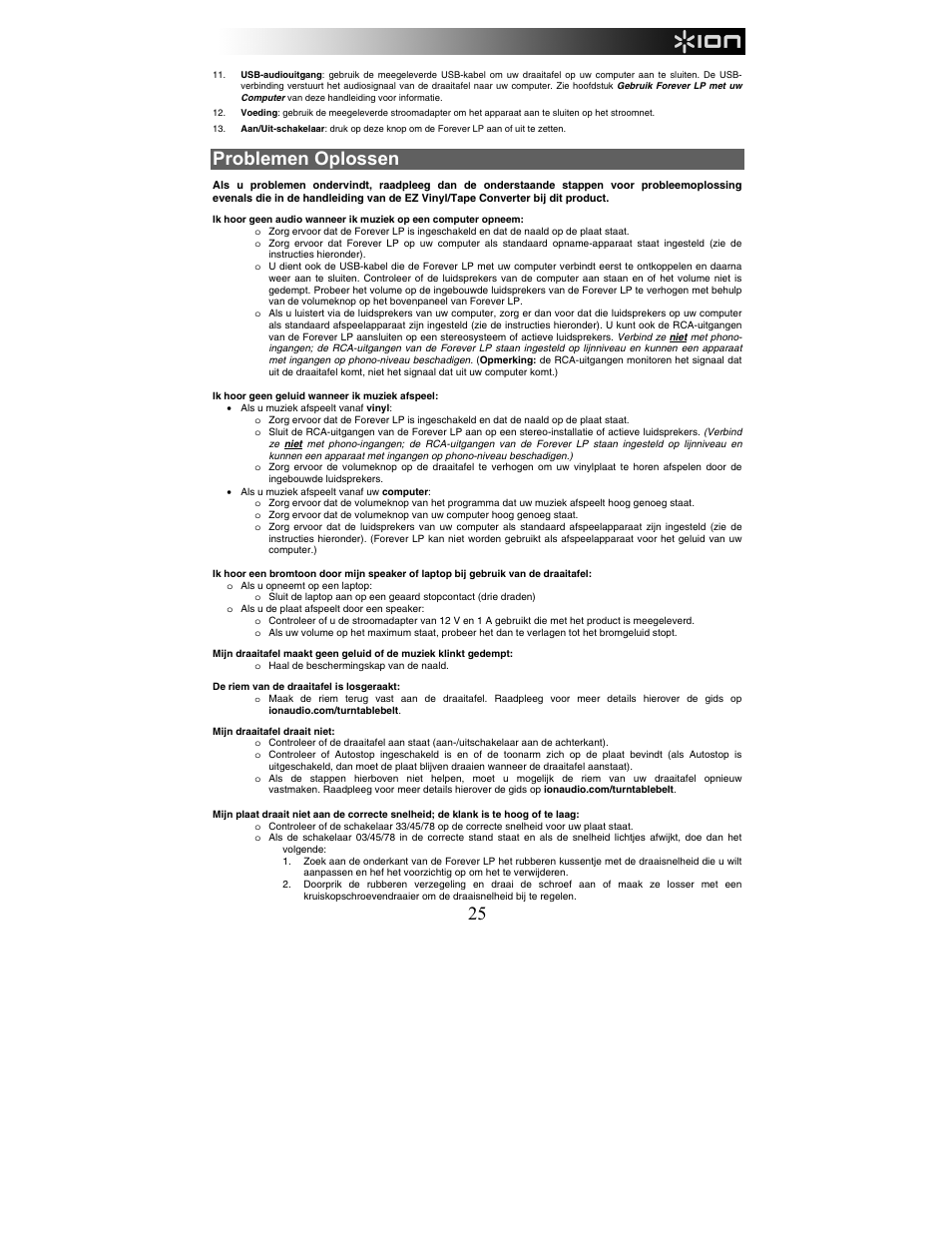 Problemen oplossen | ION Audio Forever LP User Manual | Page 25 / 28