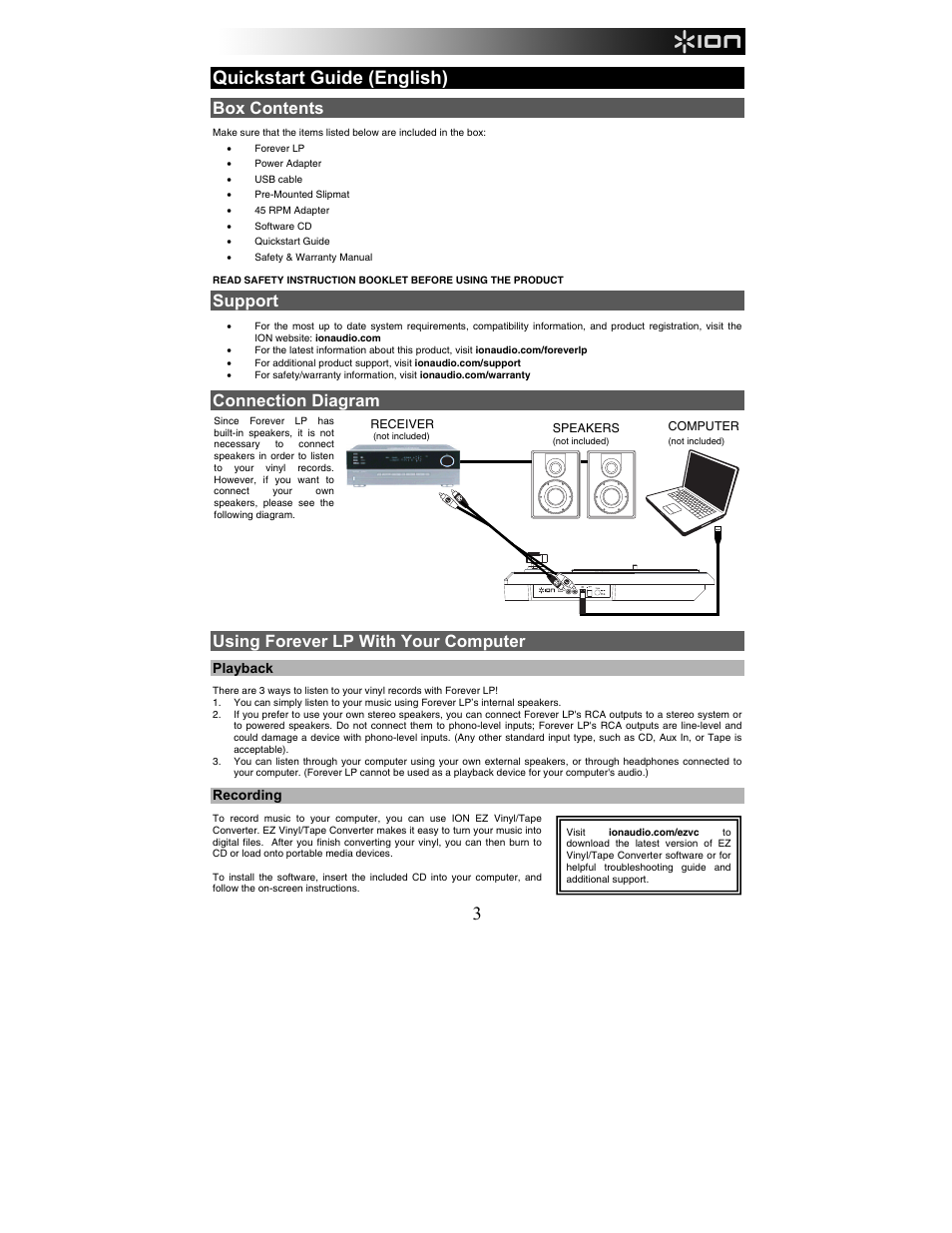 Quickstart guide (english), Box contents, Support | Connection diagram, Using forever lp with your computer | ION Audio Forever LP User Manual | Page 3 / 28
