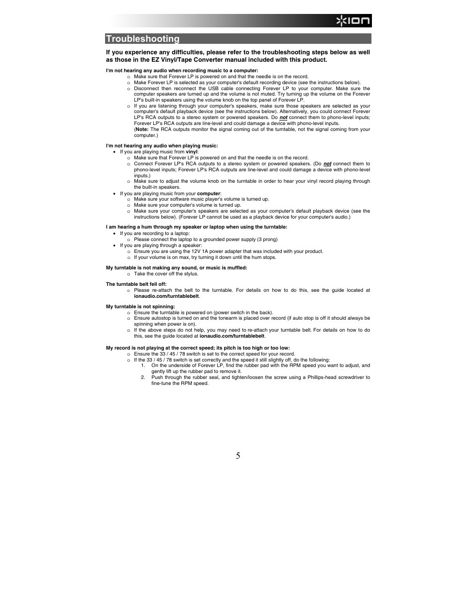 Troubleshooting | ION Audio Forever LP User Manual | Page 5 / 28