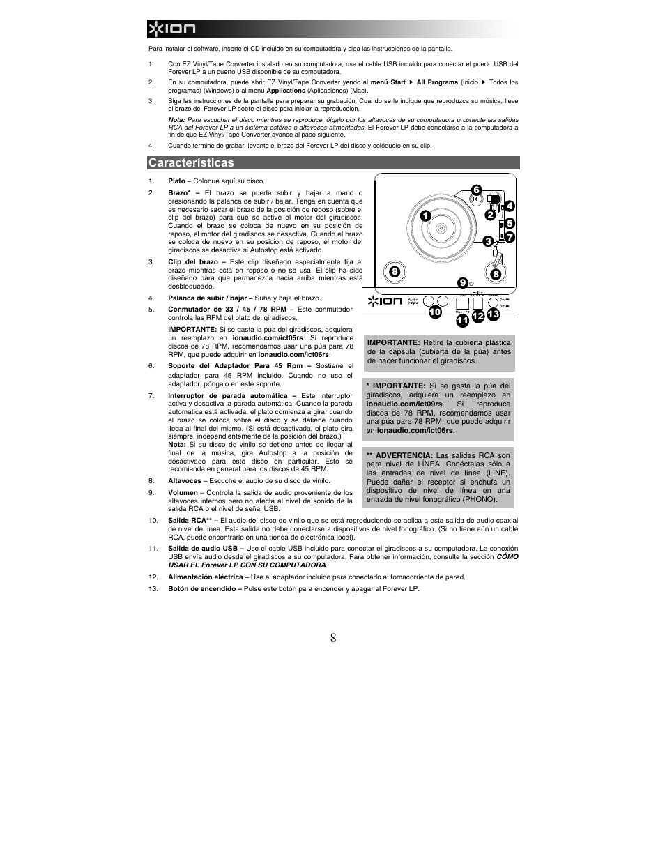 Características | ION Audio Forever LP User Manual | Page 8 / 28