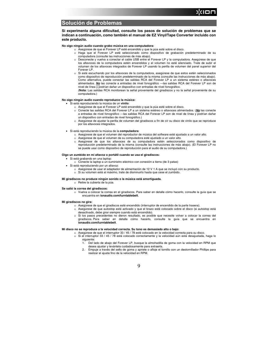 Solución de problemas | ION Audio Forever LP User Manual | Page 9 / 28