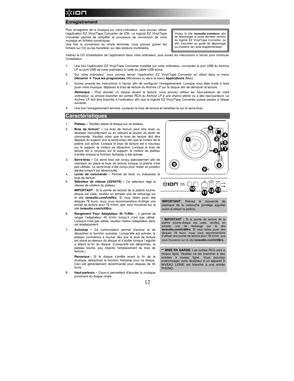 Caractéristiques | ION Audio Archive LP User Manual | Page 12 / 28