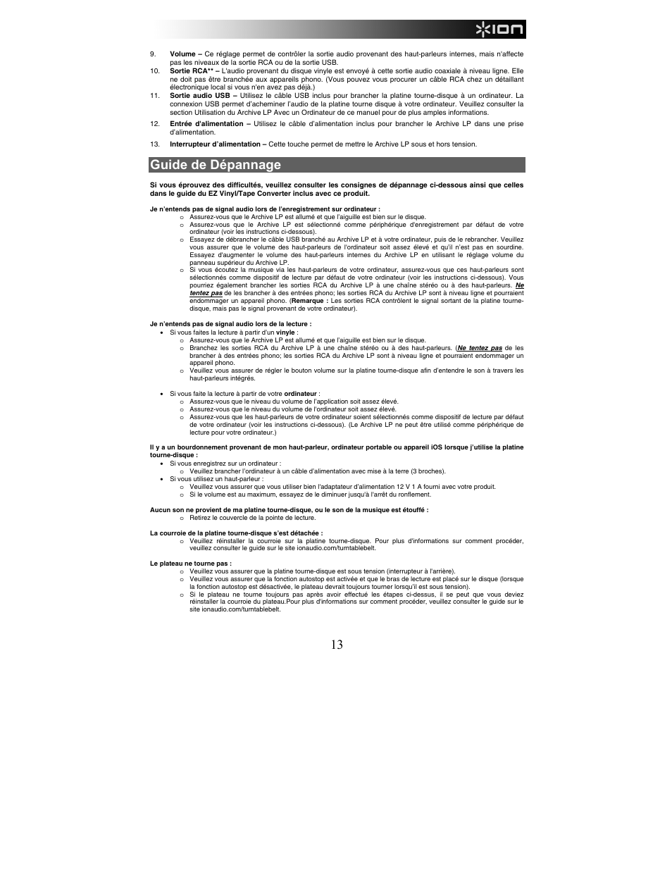 Guide de dépannage | ION Audio Archive LP User Manual | Page 13 / 28