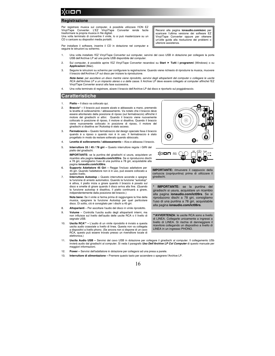 Caratteristiche, Registrazione, Aut o st op on off | ION Audio Archive LP User Manual | Page 16 / 28