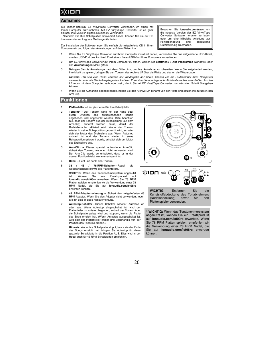 Funktionen, Aufnahme, Aut o st op on off | ION Audio Archive LP User Manual | Page 20 / 28