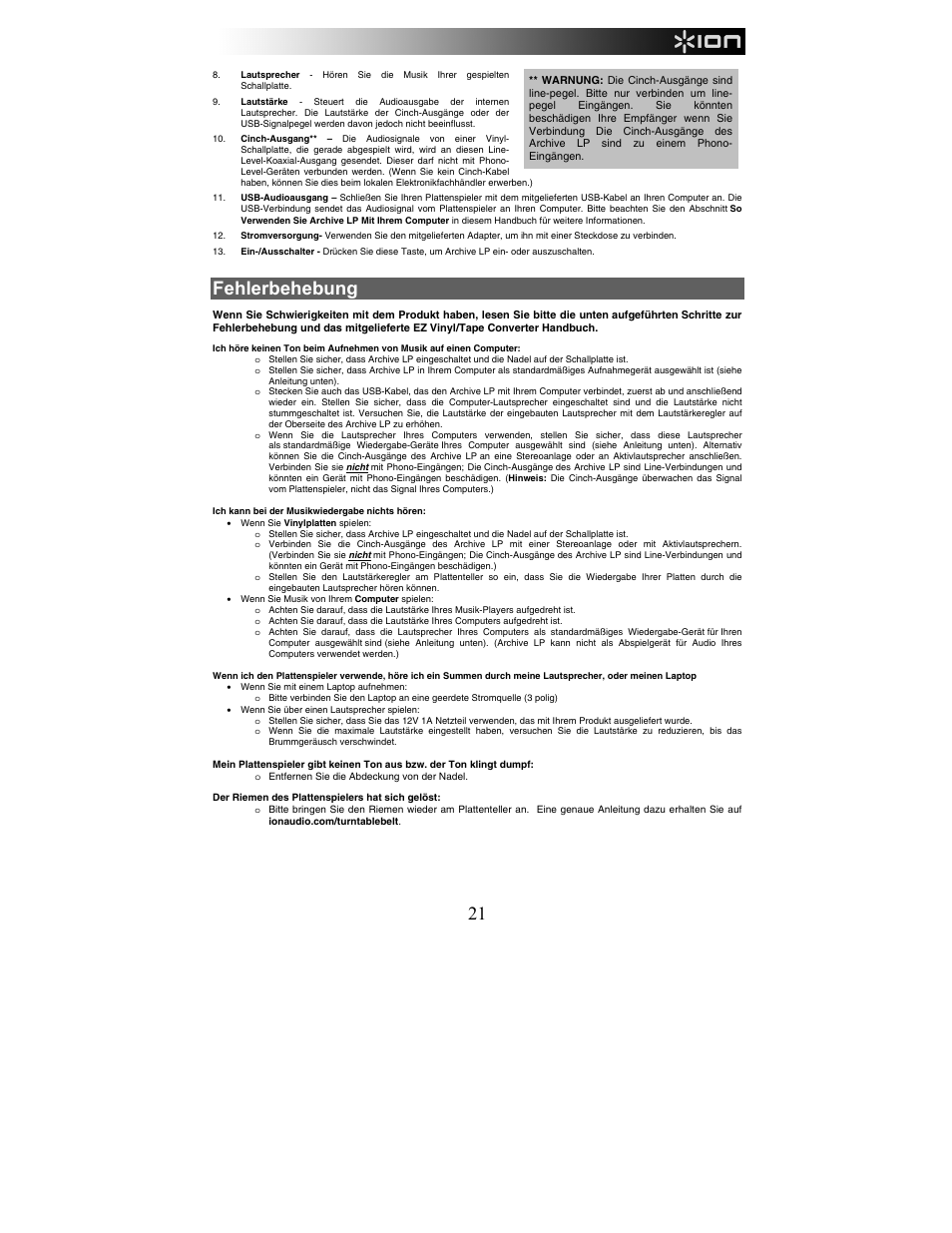 Fehlerbehebung | ION Audio Archive LP User Manual | Page 21 / 28