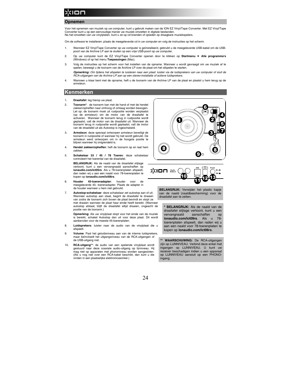 Kenmerken, Opnemen, Aut o st op on off | ION Audio Archive LP User Manual | Page 24 / 28
