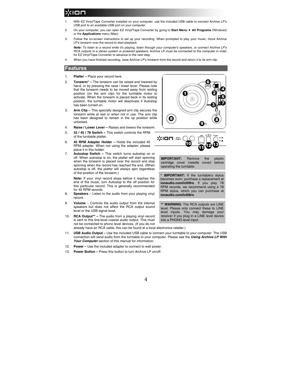 Features | ION Audio Archive LP User Manual | Page 4 / 28