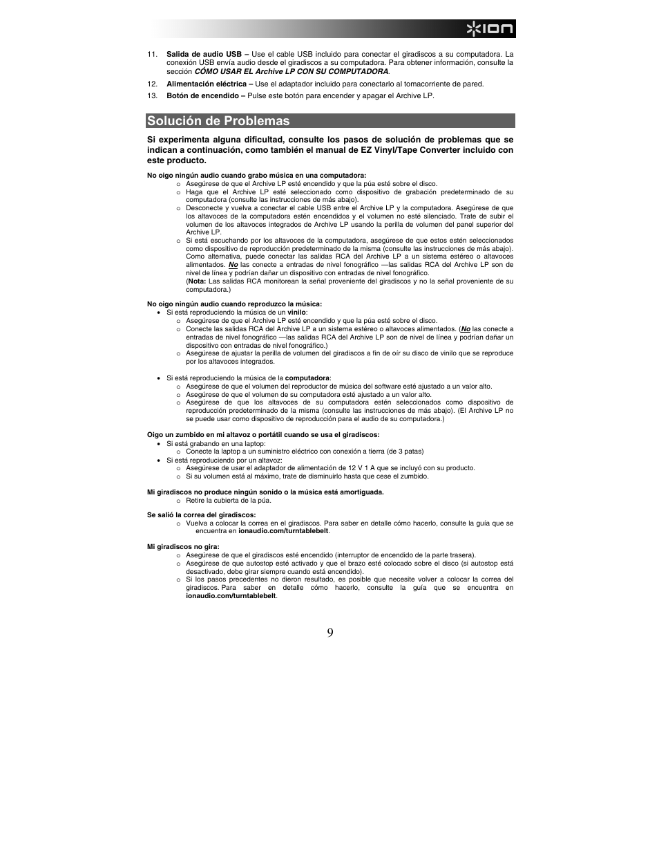 Solución de problemas | ION Audio Archive LP User Manual | Page 9 / 28