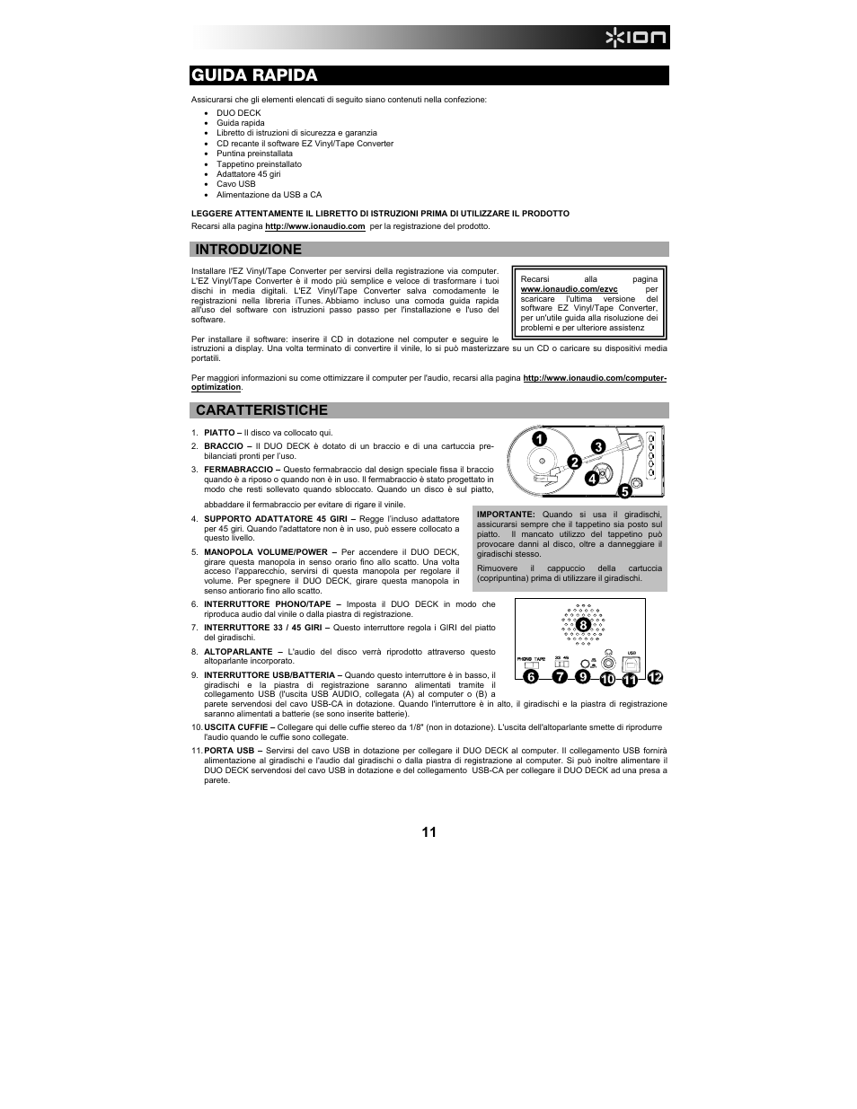 Guida rapida, Introduzione, Caratteristiche | ION Audio Duo Deck User Manual | Page 11 / 20