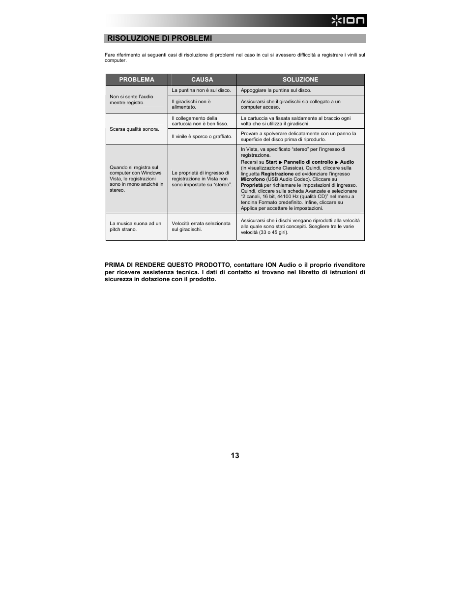 Risoluzione di problemi | ION Audio Duo Deck User Manual | Page 13 / 20