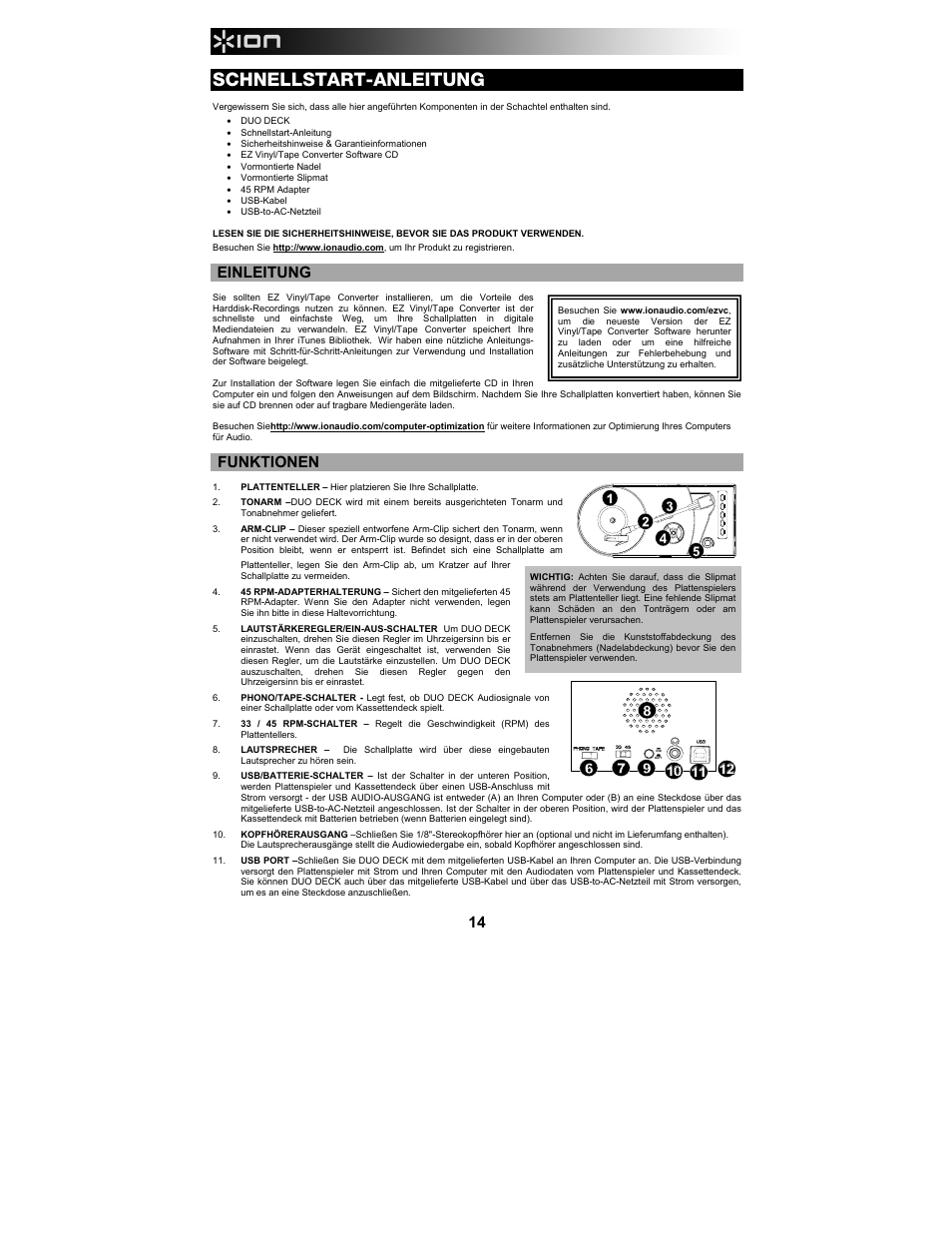 Schnellstart-anleitung, Einleitung, Funktionen | ION Audio Duo Deck User Manual | Page 14 / 20