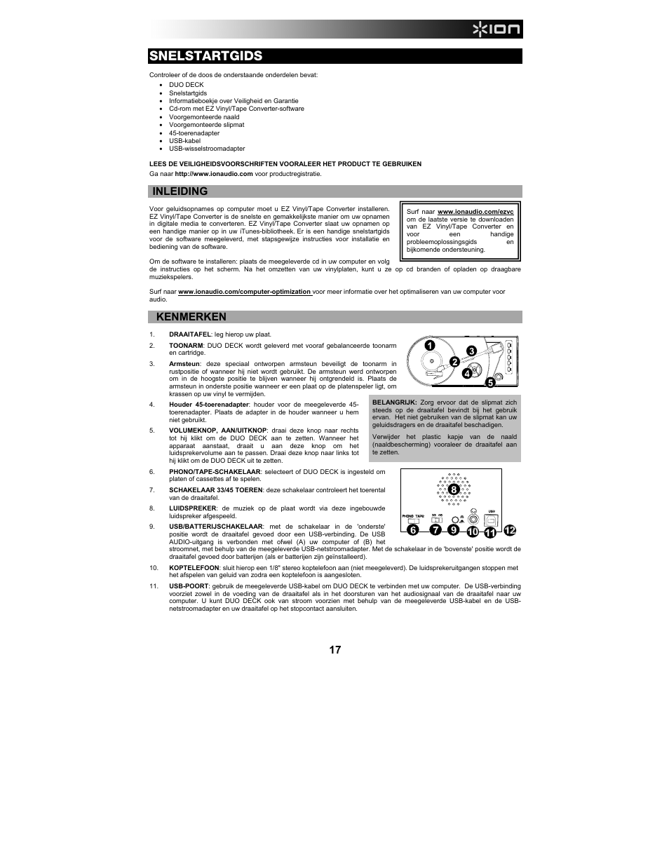 Snelstartgids, Inleiding, Kenmerken | ION Audio Duo Deck User Manual | Page 17 / 20