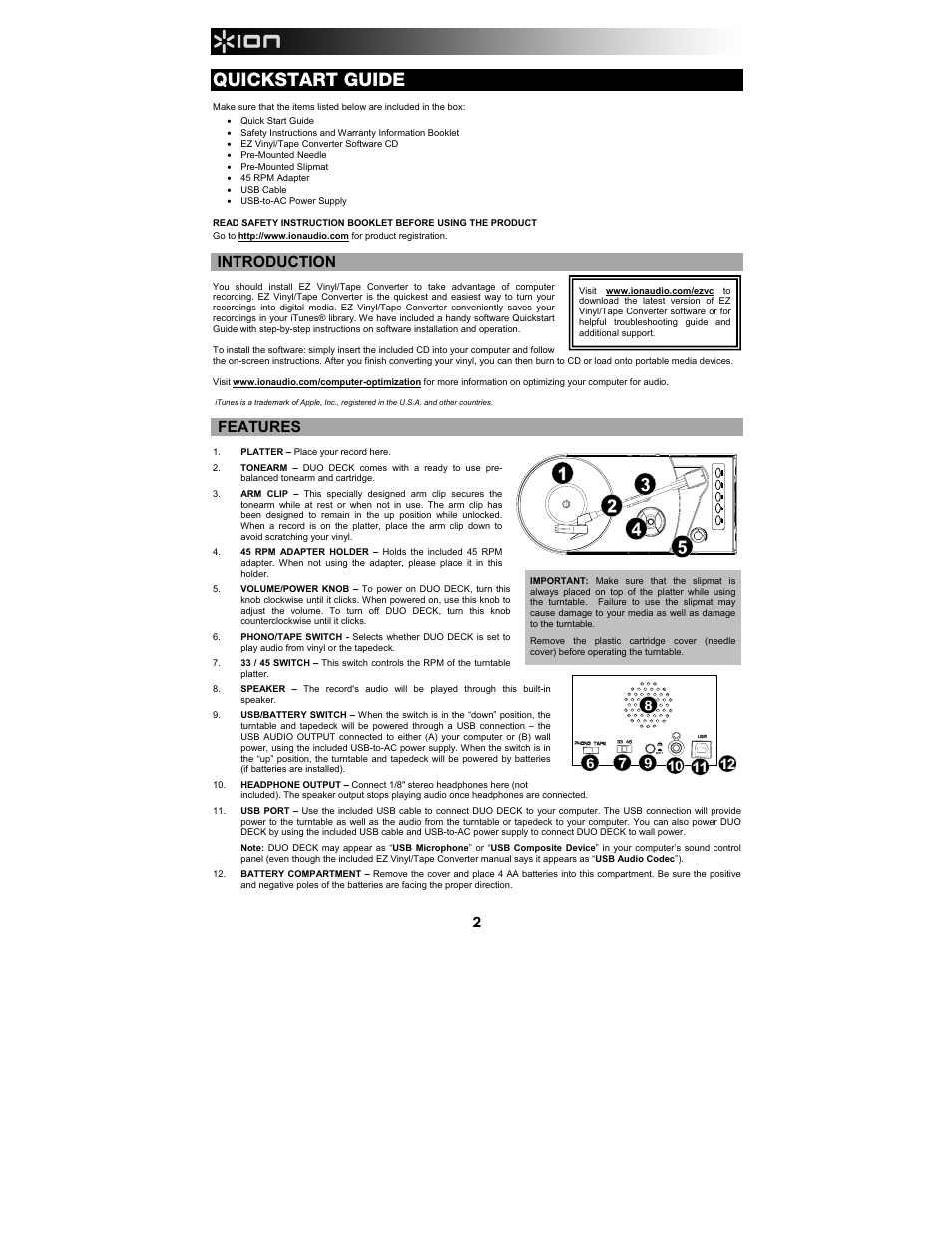 Quickstart guide, Introduction, Features | ION Audio Duo Deck User Manual | Page 2 / 20