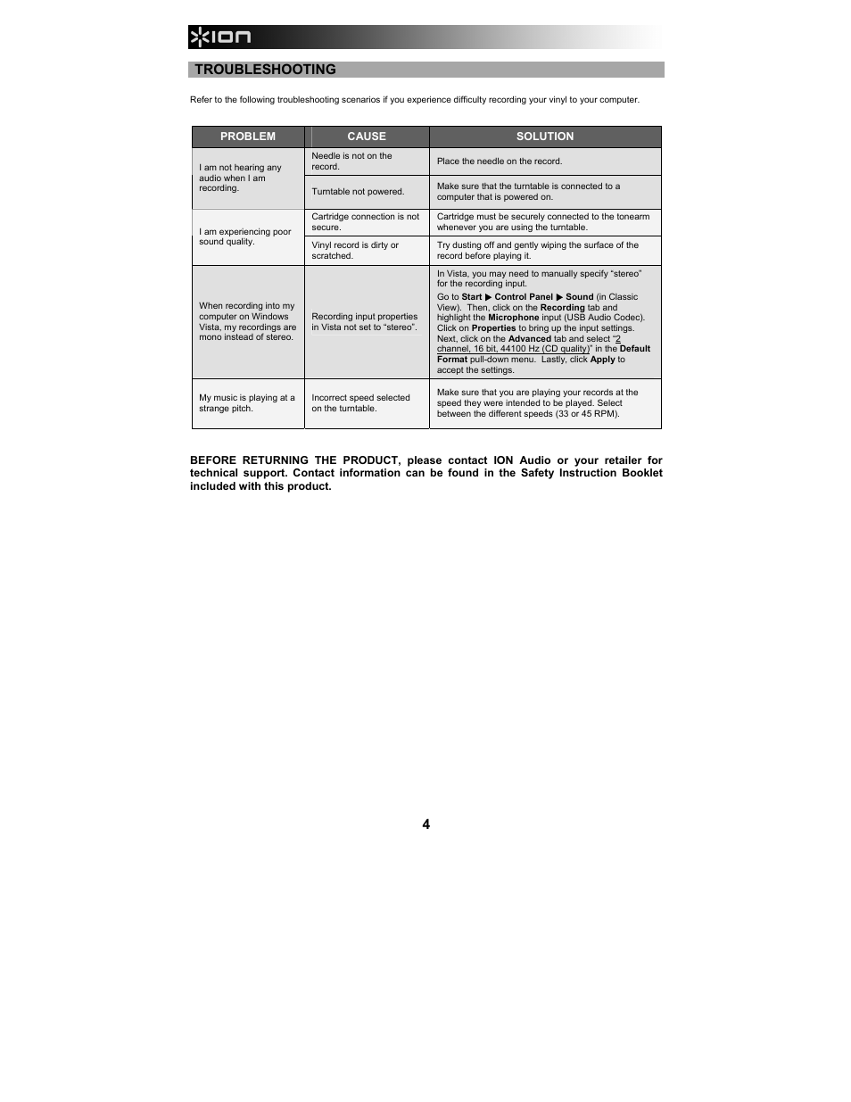 Troubleshooting | ION Audio Duo Deck User Manual | Page 4 / 20