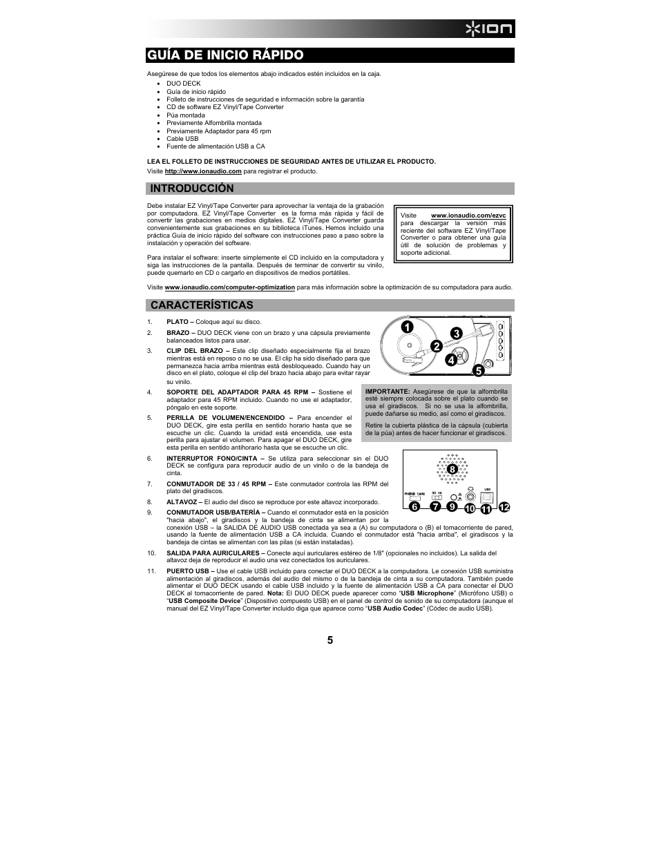 Guía de inicio rápido, Introducción, Características | ION Audio Duo Deck User Manual | Page 5 / 20