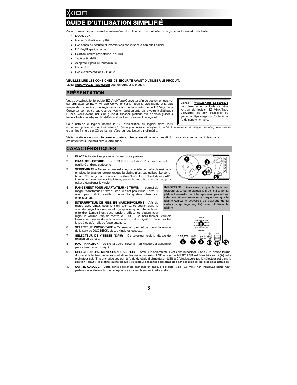 Guide d’utilisation simplifié | ION Audio Duo Deck User Manual | Page 8 / 20