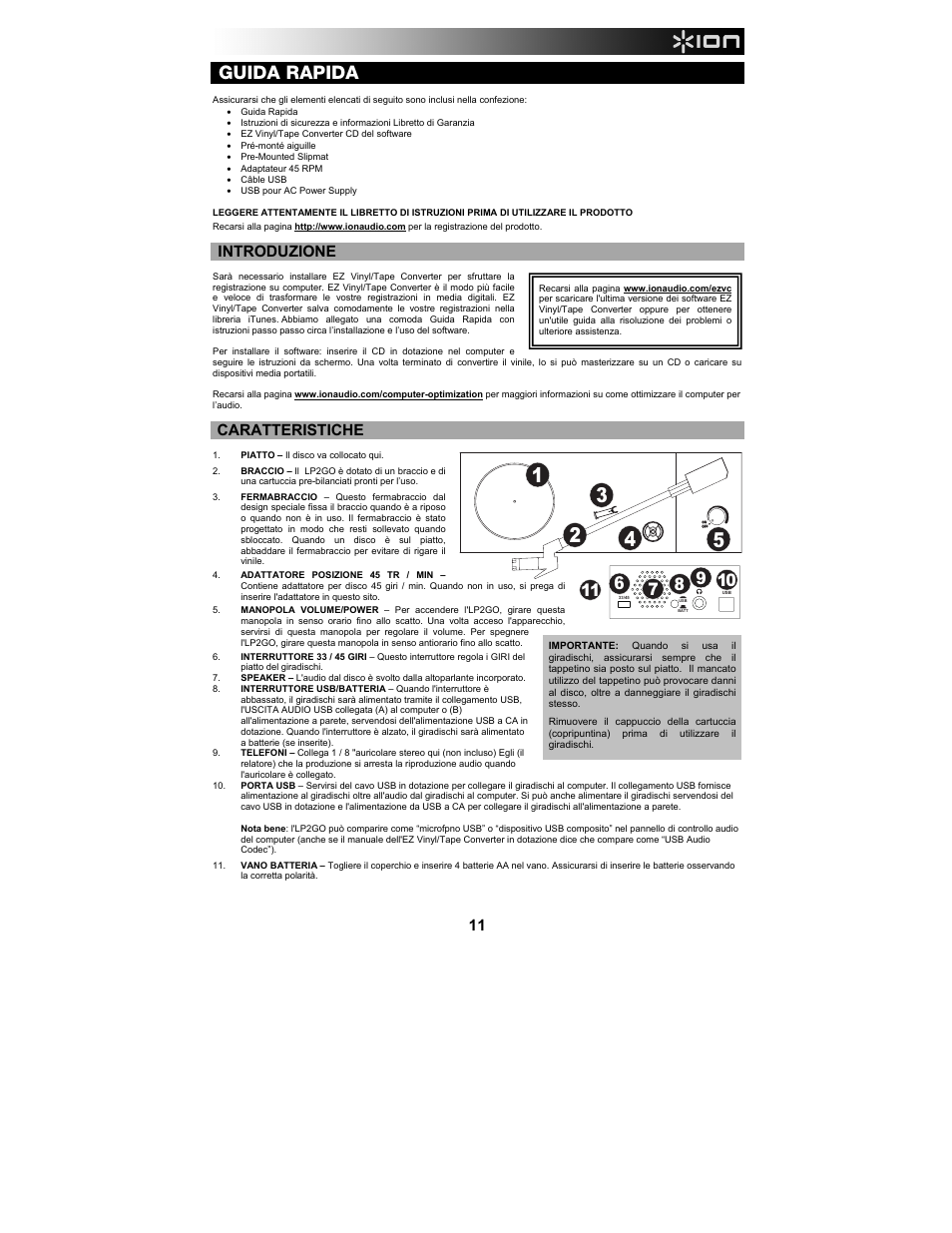 Guida rapida, Introduzione, Caratteristiche | ION Audio LP 2 Go User Manual | Page 11 / 20