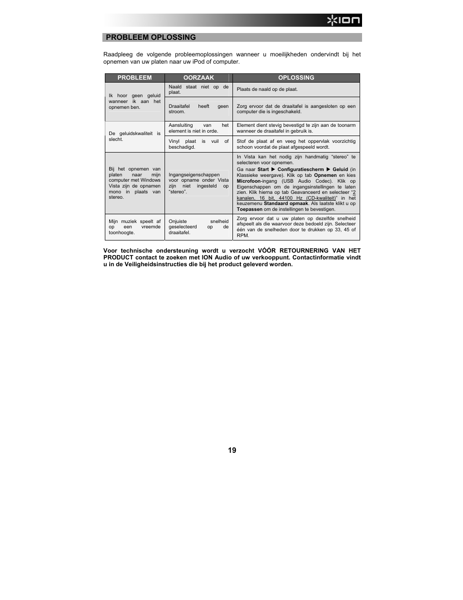 Probleem oplossing | ION Audio LP 2 Go User Manual | Page 19 / 20
