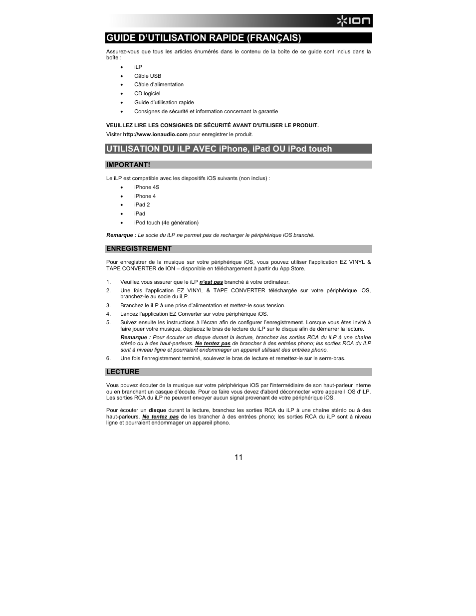 Guide d’utilisation rapide (français), Utilisation du ilp avec iphone, ipad ou ipod touch | ION Audio iLP User Manual | Page 11 / 32