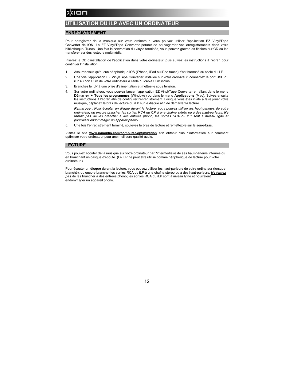 Utilisation du ilp avec un ordinateur | ION Audio iLP User Manual | Page 12 / 32