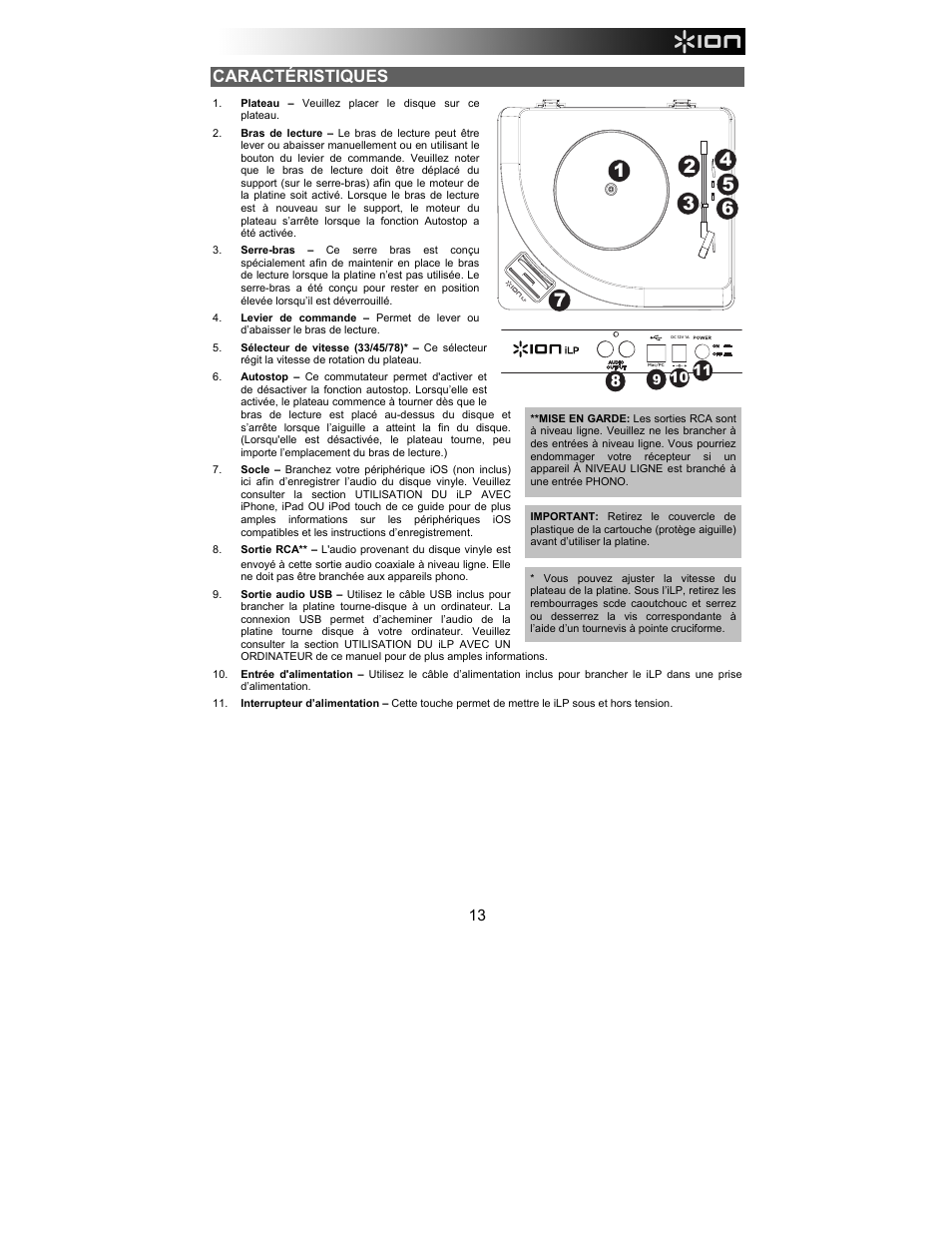 Caractéristiques | ION Audio iLP User Manual | Page 13 / 32